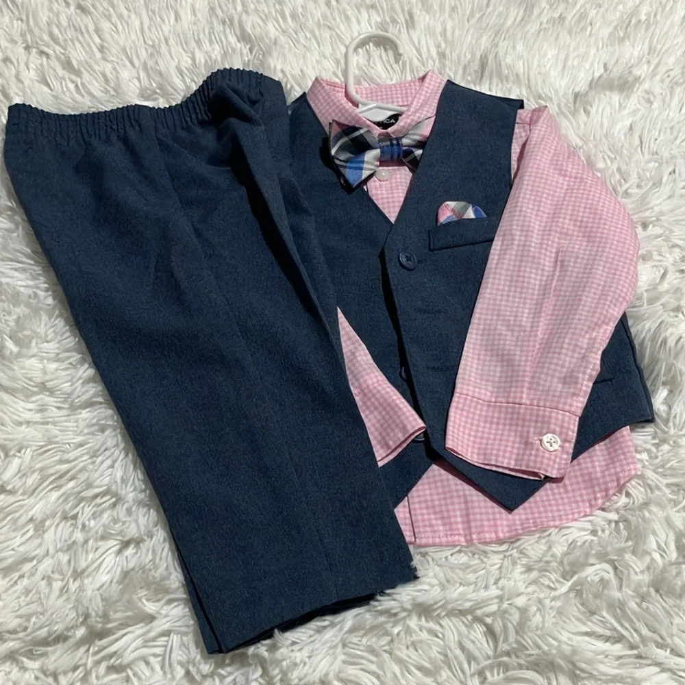 Nautica Kids Pink Shirt with Blue Vest and Bow Tie